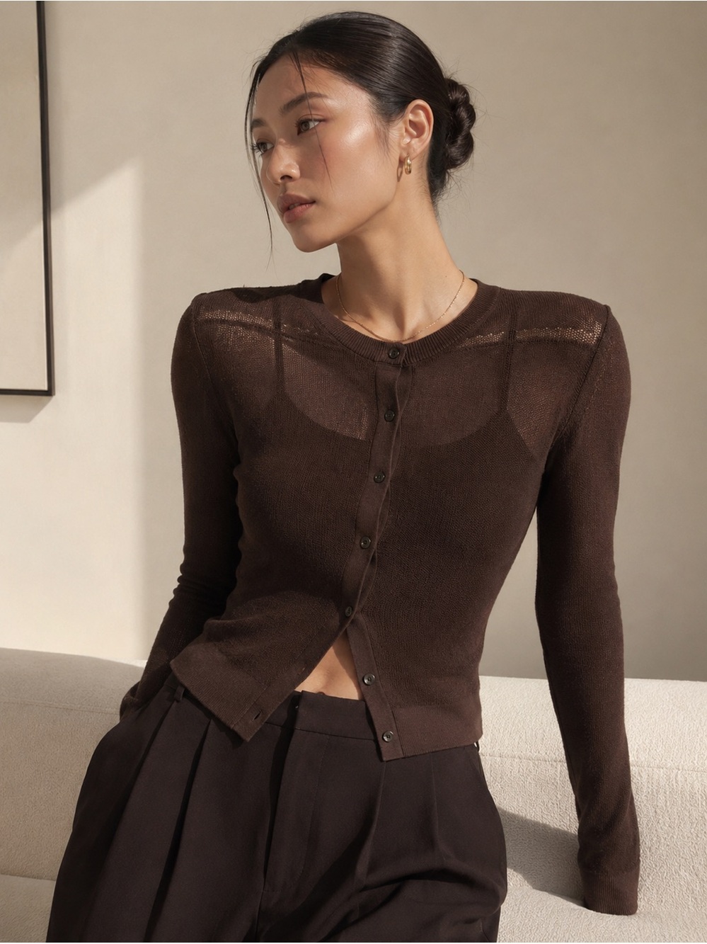 GU Sheer Knit Cardigan Minimalist Quiet Luxury Espresso Brown Size Small